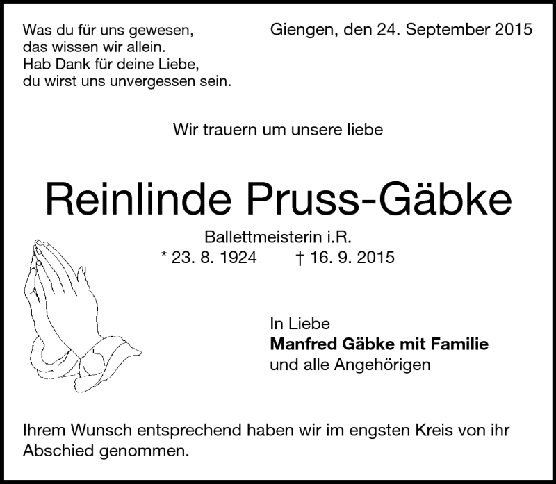  Traueranzeige für Reinlinde Pruss-Gäbke vom 24.09.2015 aus Heidenheimer Zeitung