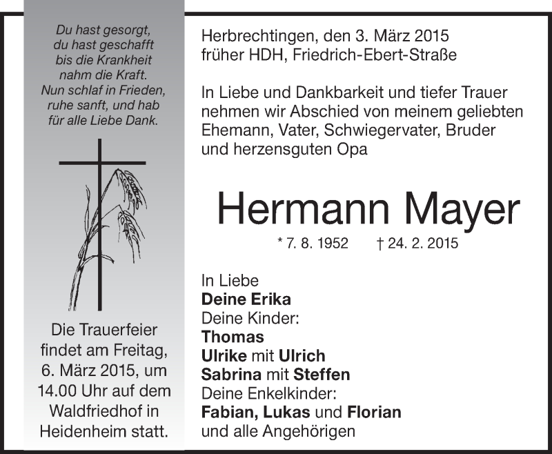  Traueranzeige für Hermann Mayer vom 12.05.2015 aus Märkische Oderzeitung