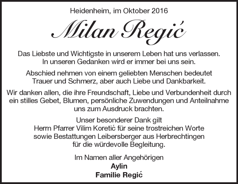  Traueranzeige für Milan Regic vom 08.10.2016 aus Heidenheimer Zeitung