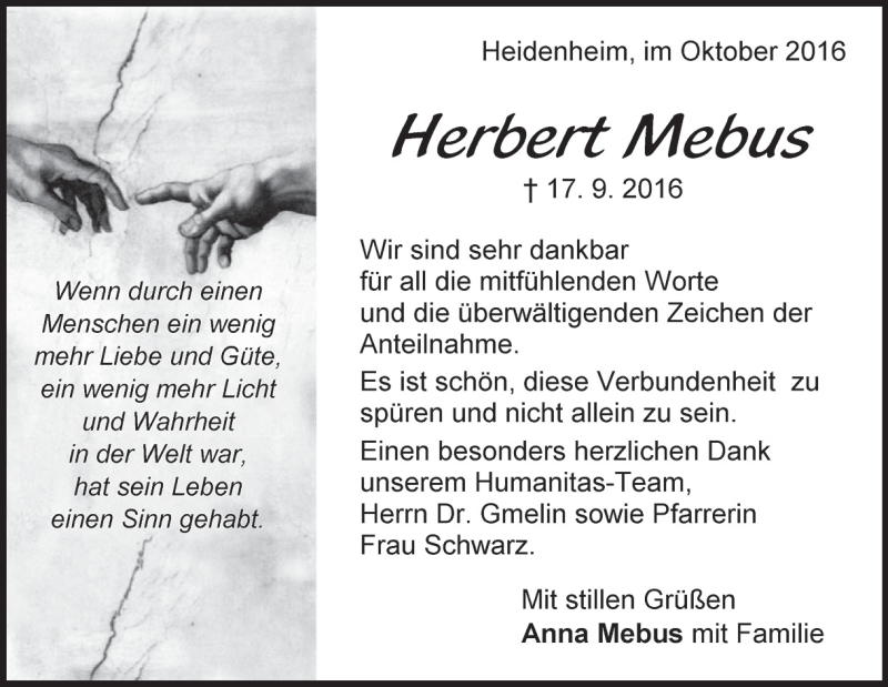  Traueranzeige für Herbert Mebus vom 05.10.2016 aus Heidenheimer Zeitung
