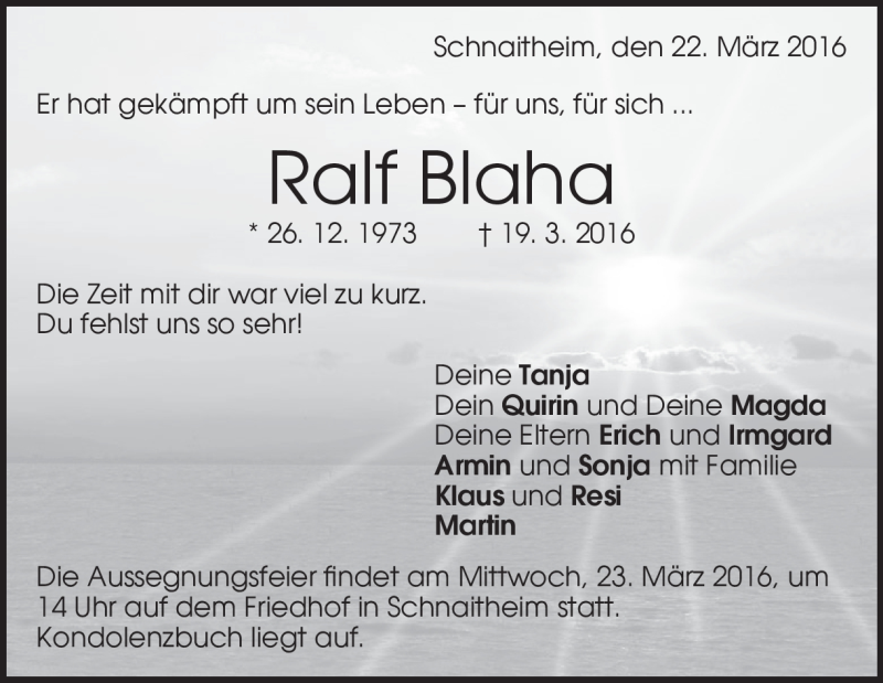  Traueranzeige für Ralf Blaha vom 22.03.2016 aus Heidenheimer Zeitung