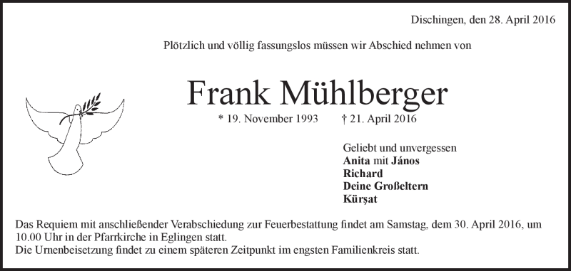  Traueranzeige für Frank Mühlberger vom 28.04.2016 aus Heidenheimer Zeitung