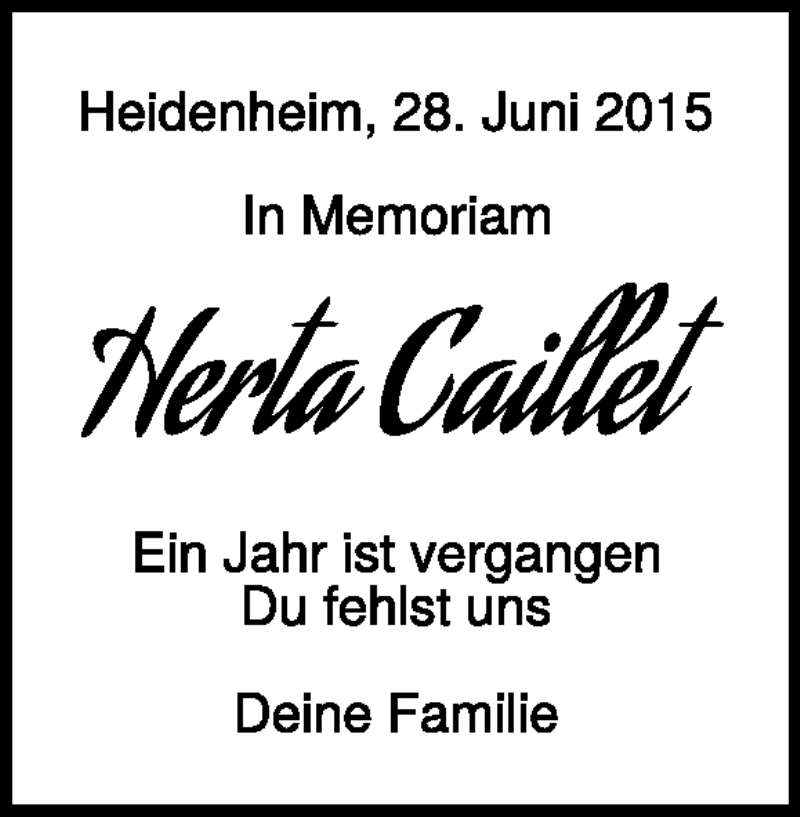  Traueranzeige für Herta Caillet vom 29.06.2016 aus Heidenheimer Zeitung
