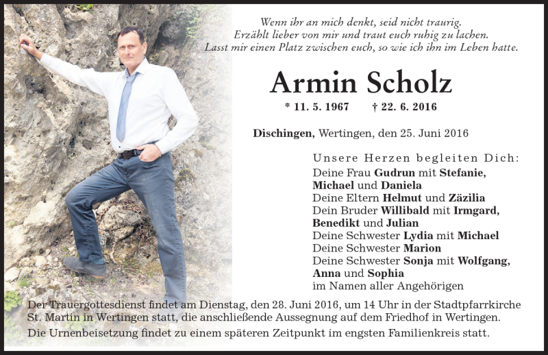  Traueranzeige für Armin Scholz vom 25.06.2016 aus Heidenheimer Zeitung