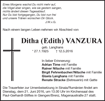 Traueranzeige von Ditha Vanzura von Heidenheimer Zeitung