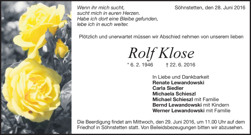  Traueranzeige für Rolf Klose vom 28.06.2016 aus Heidenheimer Zeitung
