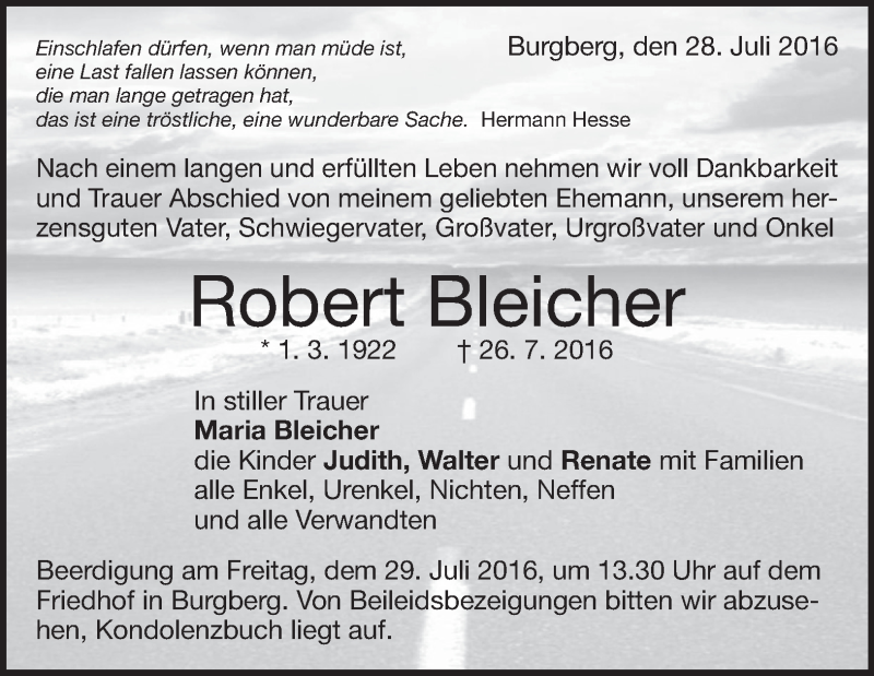  Traueranzeige für Robert Bleicher vom 28.07.2016 aus 