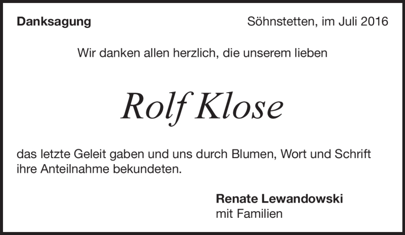  Traueranzeige für Rolf Klose vom 12.07.2016 aus Heidenheimer Zeitung
