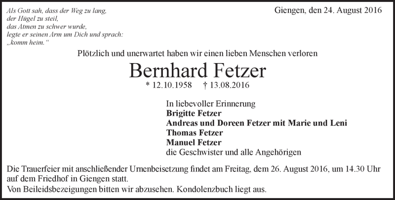  Traueranzeige für Bernhard Fetzer vom 24.08.2016 aus Heidenheimer Zeitung