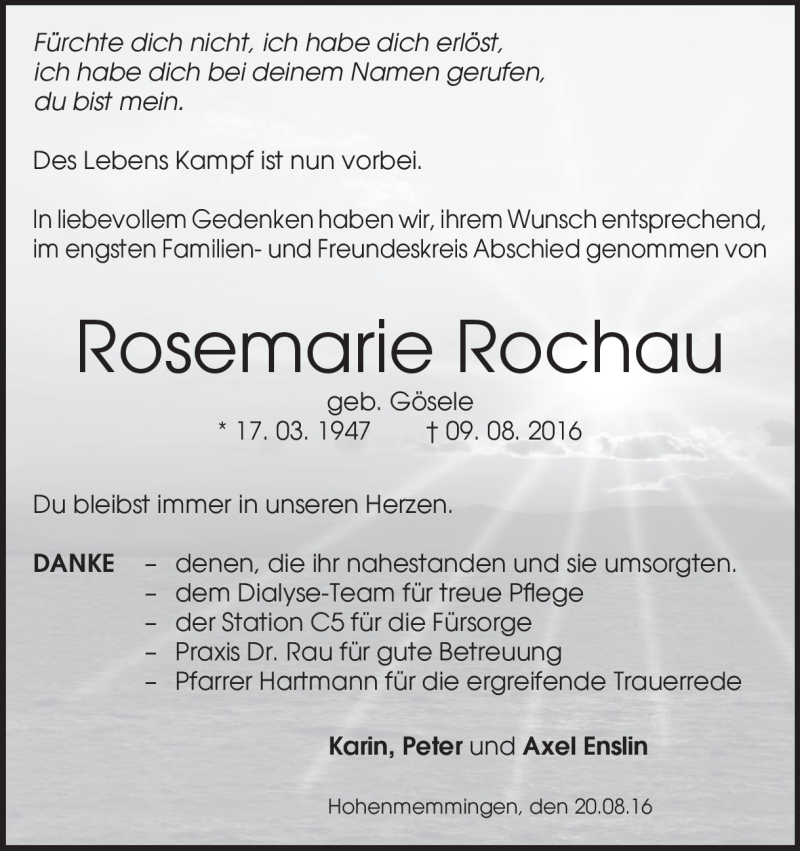  Traueranzeige für Rosemarie Rochau vom 20.08.2016 aus Heidenheimer Zeitung