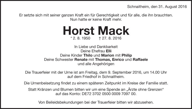  Traueranzeige für Horst Mack vom 31.08.2016 aus Heidenheimer Zeitung