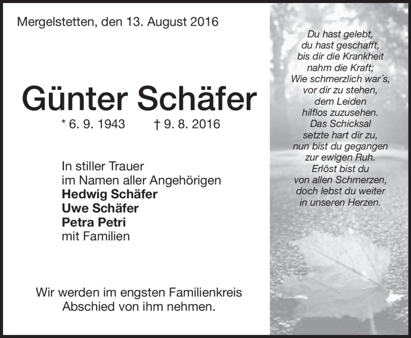  Traueranzeige für Günter Schäfer vom 13.08.2016 aus Heidenheimer Zeitung
