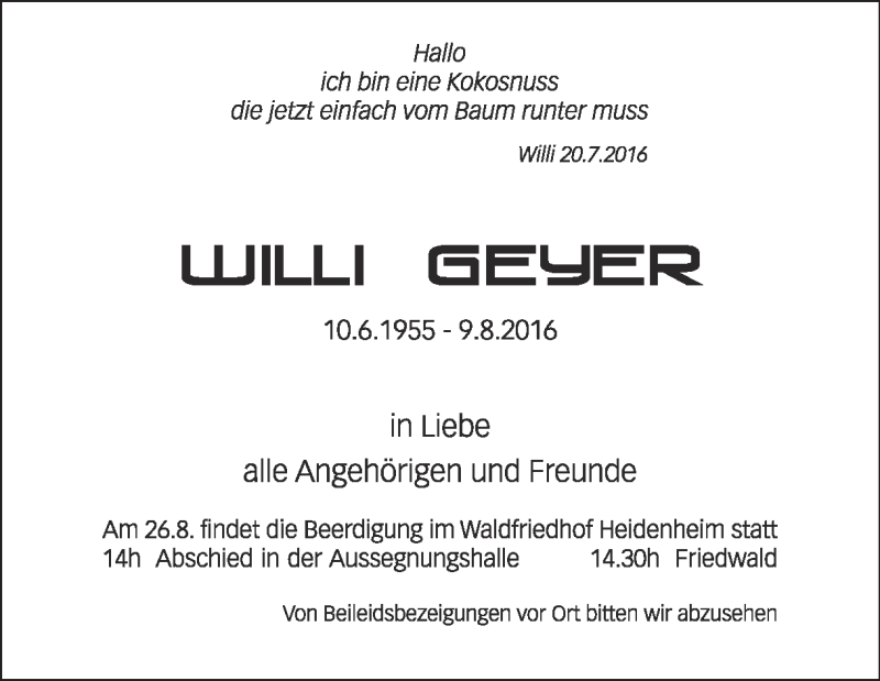  Traueranzeige für Willi Geyer vom 13.08.2016 aus Heidenheimer Zeitung