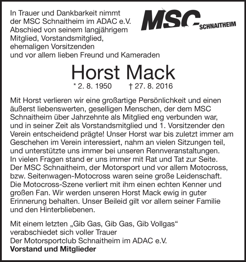  Traueranzeige für Horst Mack vom 03.09.2016 aus Heidenheimer Zeitung