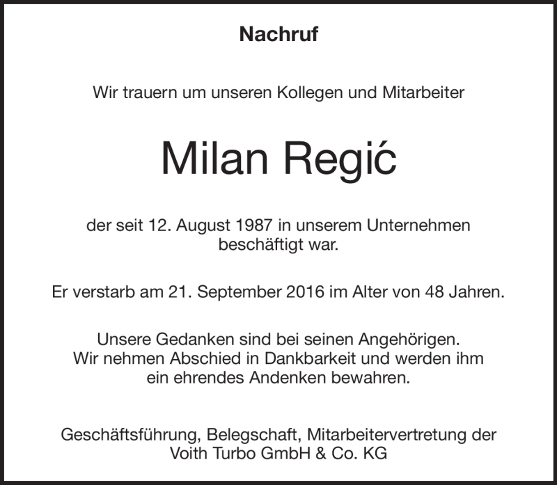  Traueranzeige für Milan Regic vom 24.09.2016 aus Heidenheimer Zeitung