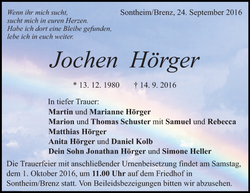  Traueranzeige für Jochen Hörger vom 24.09.2016 aus Heidenheimer Zeitung