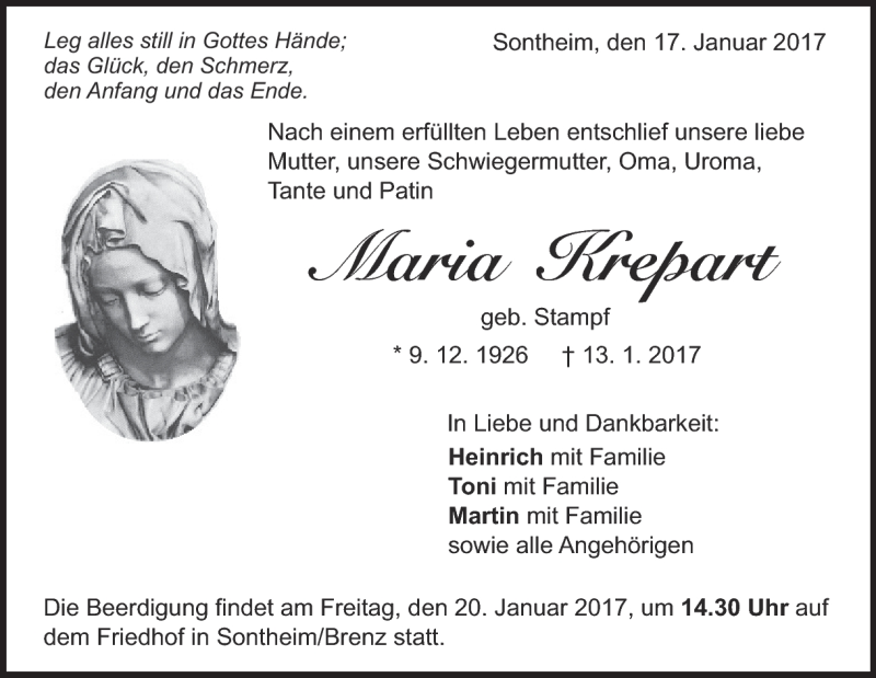 Traueranzeige für Maria Krepart vom 17.01.2017 aus Heidenheimer Zeitung
