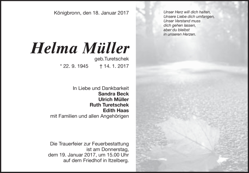  Traueranzeige für Helma Müller vom 18.01.2017 aus Heidenheimer Zeitung