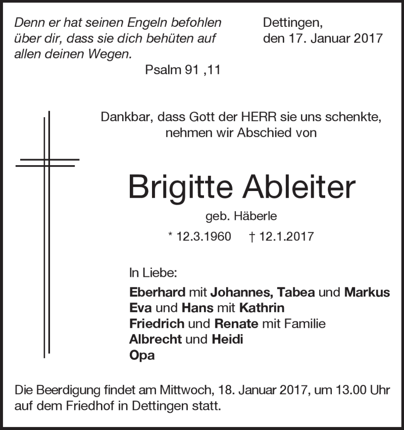  Traueranzeige für Brigitte Ableiter vom 17.01.2017 aus Heidenheimer Zeitung