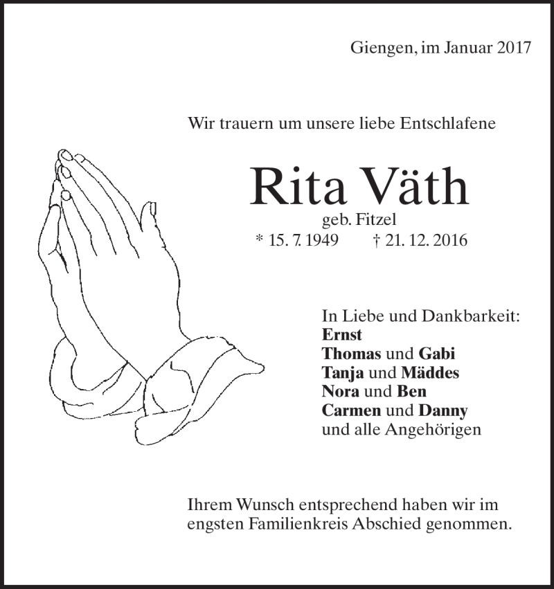  Traueranzeige für Rita Väth vom 18.01.2017 aus Heidenheimer Zeitung
