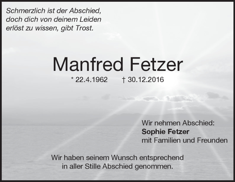  Traueranzeige für Manfred Fetzer vom 14.01.2017 aus Heidenheimer Zeitung