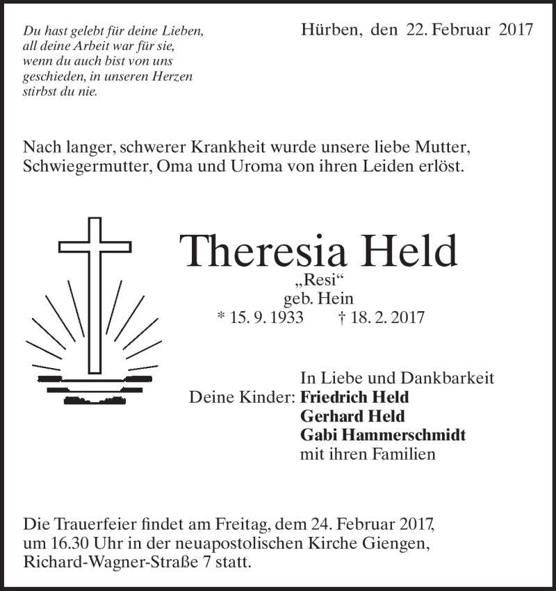  Traueranzeige für Theresia Held vom 22.02.2017 aus Heidenheimer Zeitung