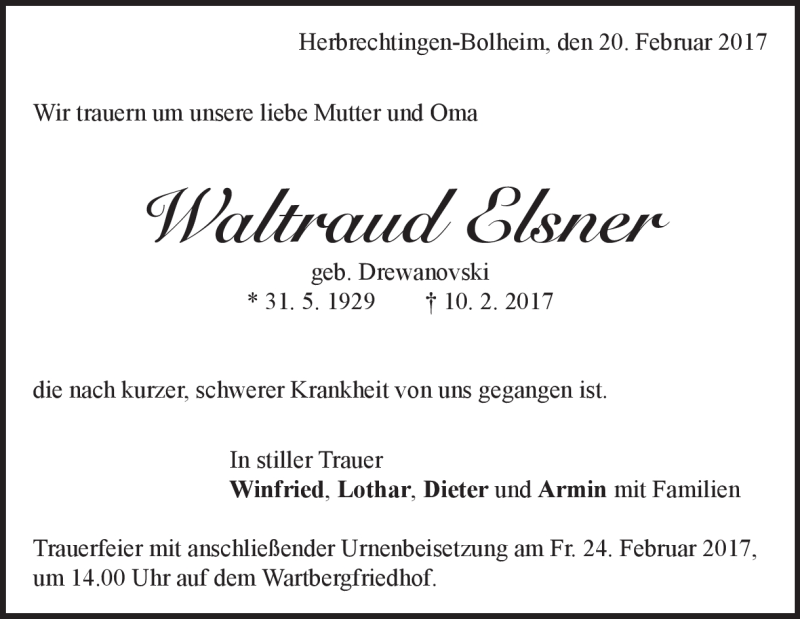  Traueranzeige für Waltraud Elsner vom 20.02.2017 aus Heidenheimer Zeitung