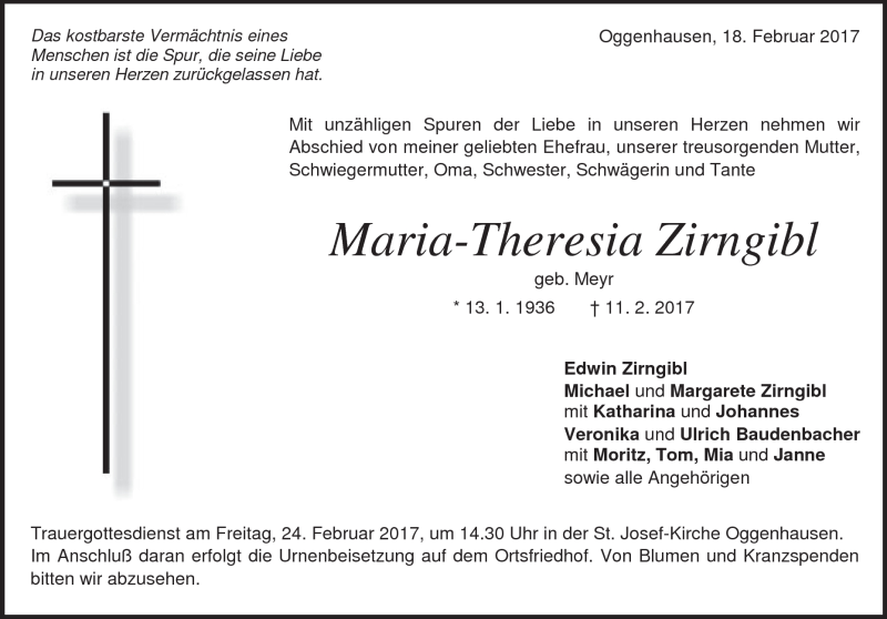  Traueranzeige für Maria-Theresia Zirngibl vom 18.02.2017 aus Heidenheimer Zeitung