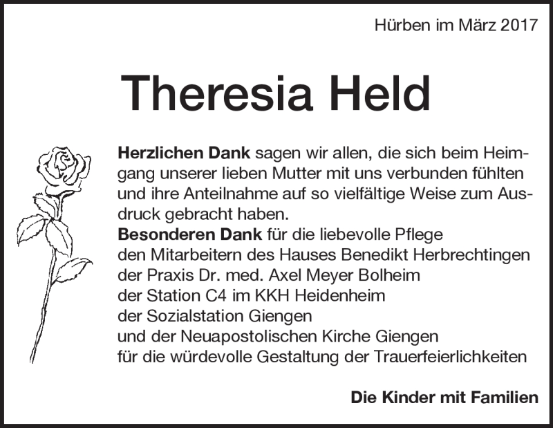 Traueranzeige für Theresia Held vom 08.03.2017 aus Heidenheimer Zeitung