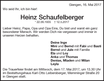 Traueranzeige von Heinz Schaufelberger von Heidenheimer Zeitung