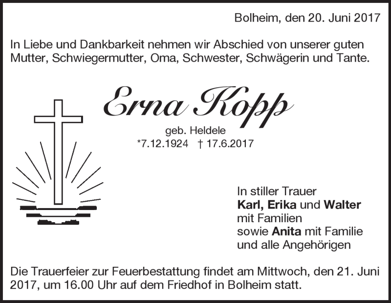  Traueranzeige für Erna  Kopp vom 20.06.2017 aus Heidenheimer Zeitung