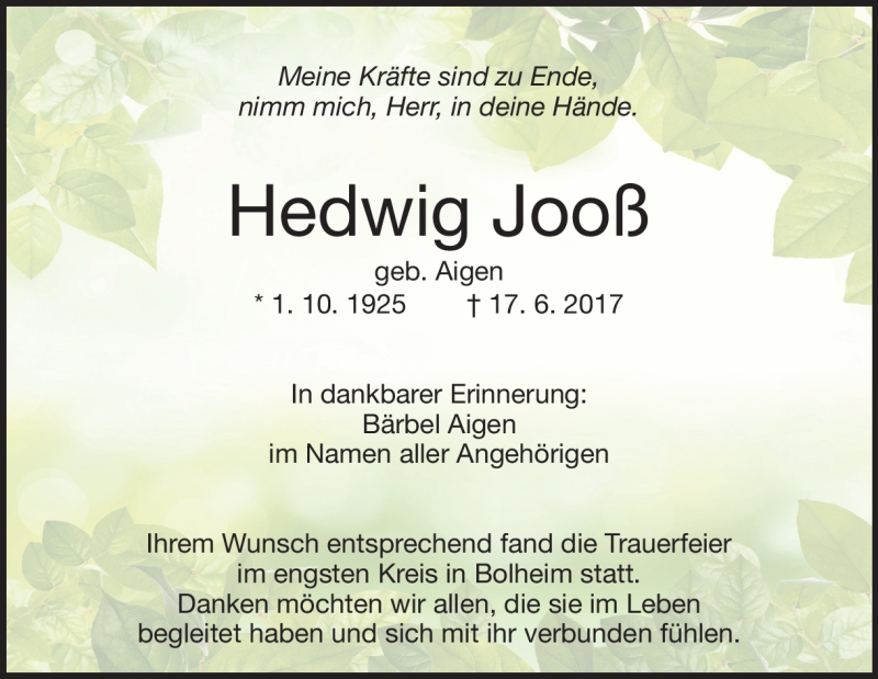 Traueranzeige für Hedwig Jooß vom 26.06.2017 aus Heidenheimer Zeitung