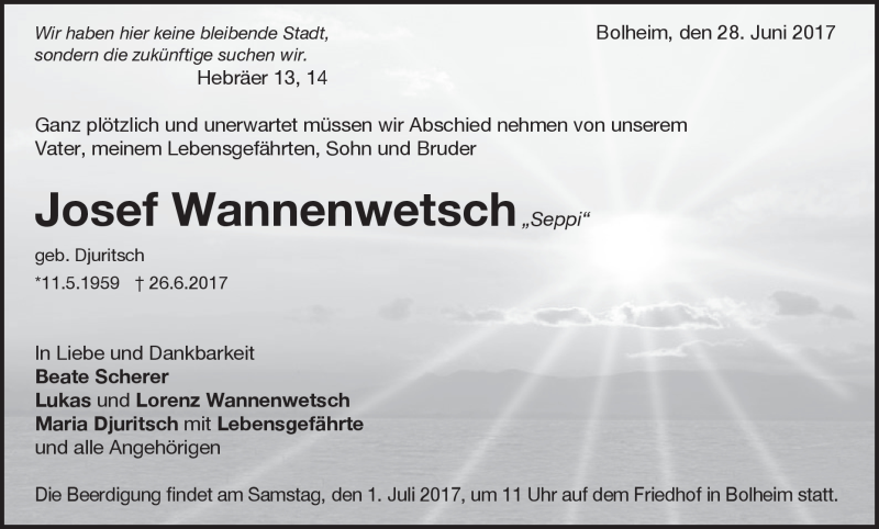  Traueranzeige für Josef Wannenwetsch vom 28.06.2017 aus Heidenheimer Zeitung