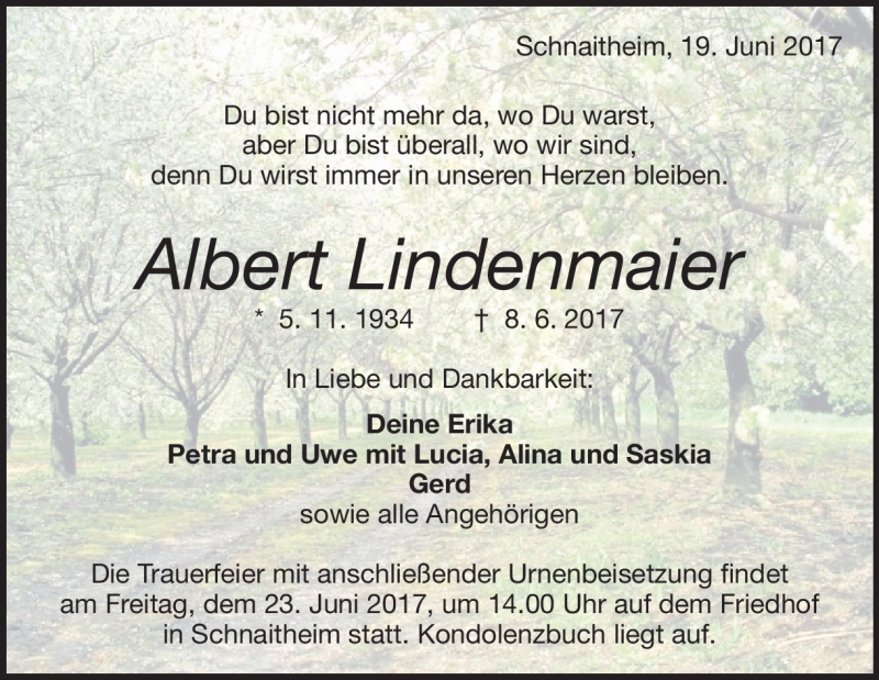  Traueranzeige für Albert Lindenmaier vom 19.06.2017 aus Heidenheimer Zeitung