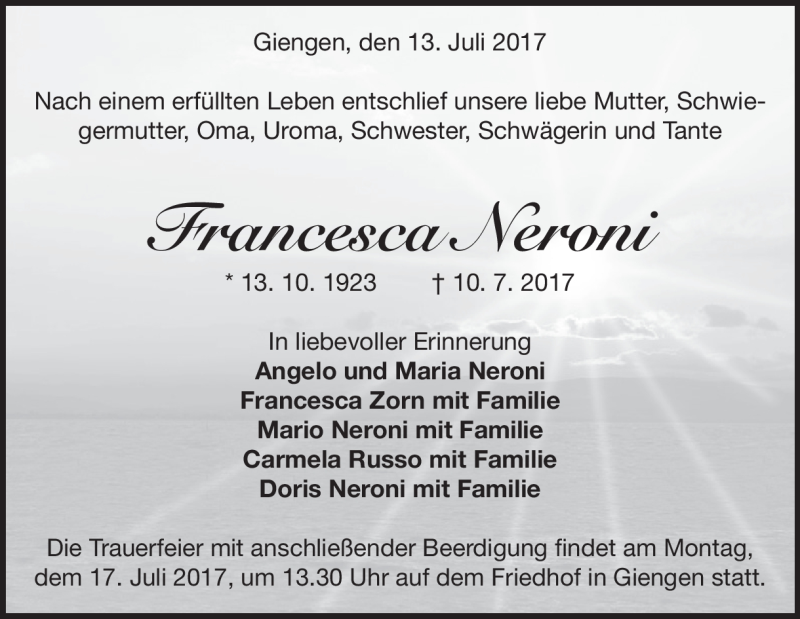  Traueranzeige für Francesca Neroni vom 13.07.2017 aus Heidenheimer Zeitung
