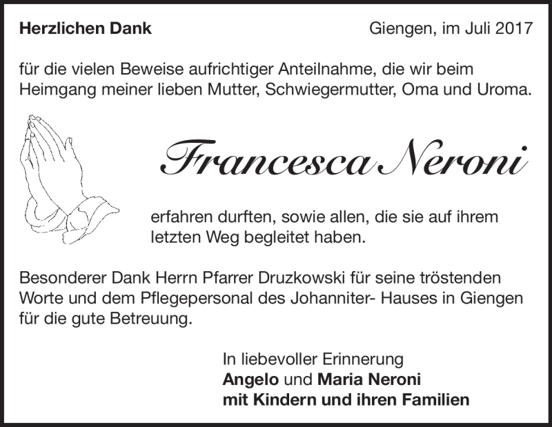  Traueranzeige für Francesca Neroni vom 28.07.2017 aus Heidenheimer Zeitung