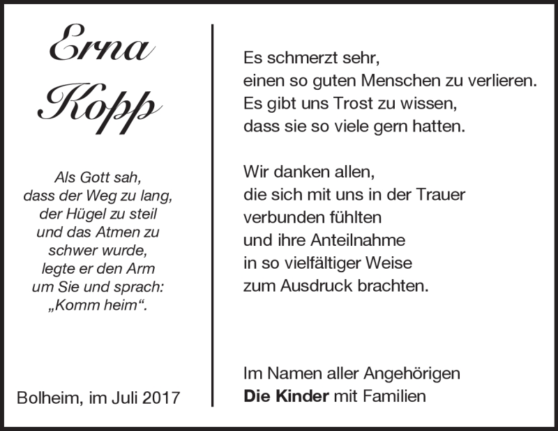  Traueranzeige für Erna  Kopp vom 08.07.2017 aus Heidenheimer Zeitung