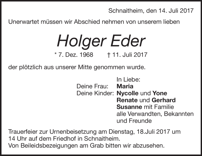  Traueranzeige für Holger Eder vom 14.07.2017 aus Heidenheimer Zeitung