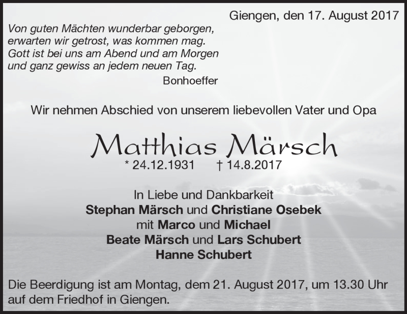  Traueranzeige für Matthias Märsch vom 17.08.2017 aus Heidenheimer Zeitung