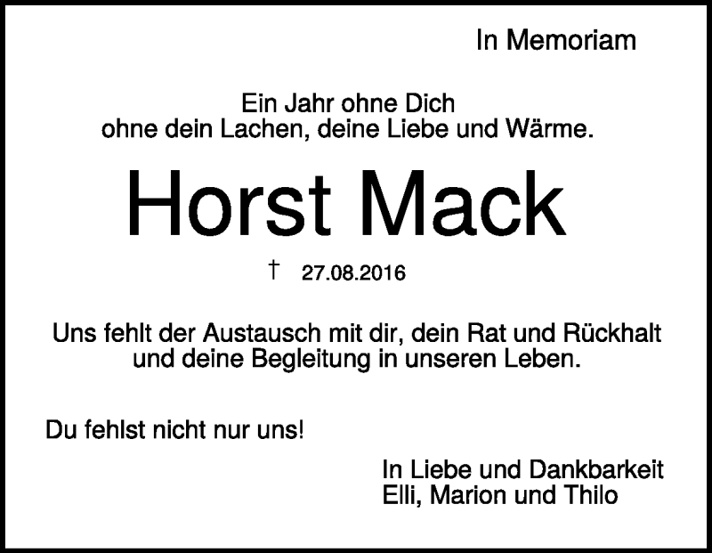  Traueranzeige für Horst Mack vom 26.08.2017 aus Heidenheimer Zeitung