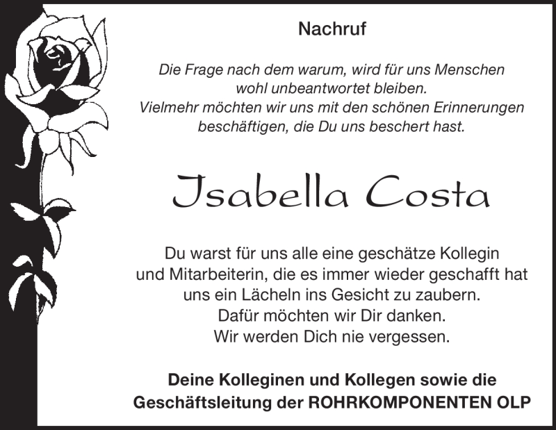  Traueranzeige für Isabella  Costa  vom 19.08.2017 aus Heidenheimer Zeitung
