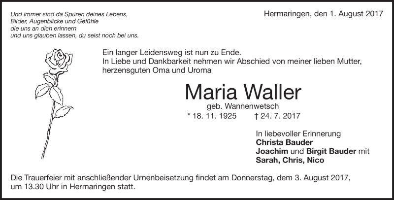  Traueranzeige für Maria  Waller vom 01.08.2017 aus Heidenheimer Zeitung