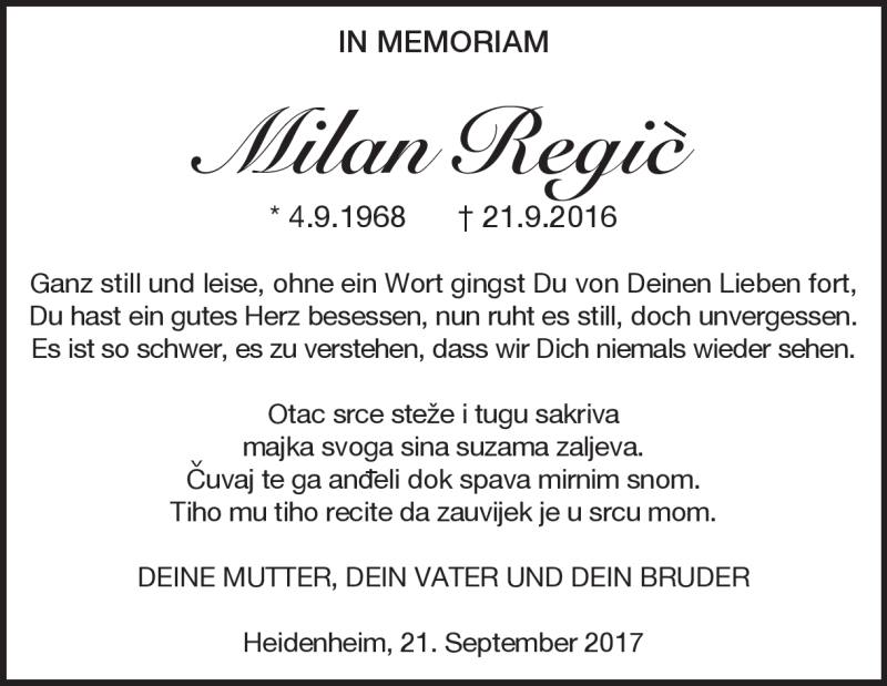  Traueranzeige für Milan Regic vom 21.09.2017 aus Heidenheimer Zeitung
