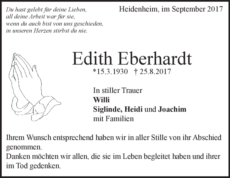  Traueranzeige für Edith Eberhardt vom 09.09.2017 aus Heidenheimer Zeitung