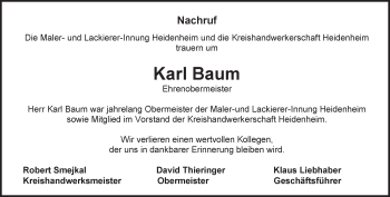 Traueranzeige von Karl Baum von Heidenheimer Zeitung