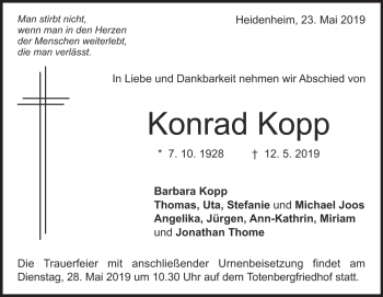 Traueranzeige von Konrad Kopp von Heidenheimer Zeitung