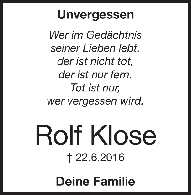  Traueranzeige für Rolf Klose vom 22.06.2021 aus Heidenheimer Zeitung