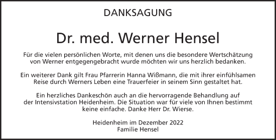 Traueranzeige von Werner Hensel von Heidenheimer Zeitung