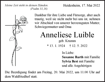 Traueranzeige von Anneliese Luible von Heidenheimer Zeitung