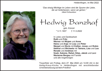 Traueranzeige von Hedwig Banzhaf von Heidenheimer Zeitung